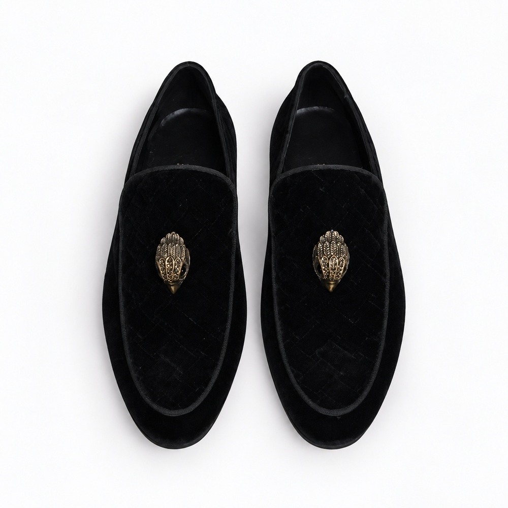 Kurt Geiger London Hugh Bronze Eagle Head Black Velvet Loafers Size 41.5 US 10.5